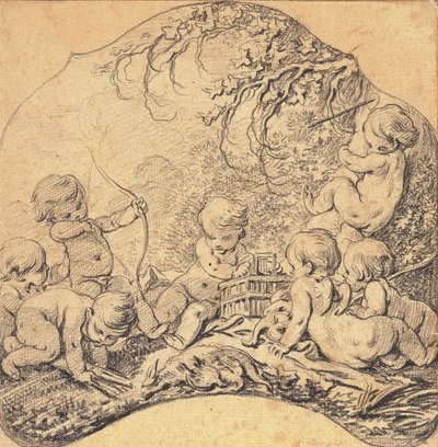 Putti en un paisaje disparando flechas y abriendo una jaula, un trofeo de caza en primer plano (tiza negra sobre papel) de François Boucher