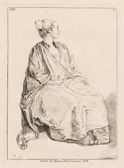 Mujer sentada mirando hacia la derecha de François Boucher