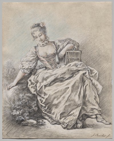Mujer sentada con una jaula de pájaros en la mano de François Boucher