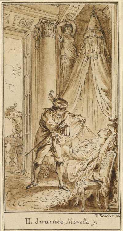 Segundo día, séptima historia: El duque de Atenas contempla a la princesa Alatiel mientras duerme de François Boucher