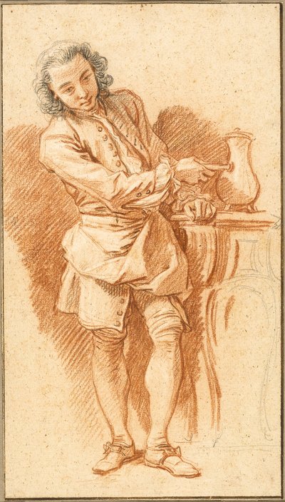 Estudio de ayuda de cámara con cafetera, c.1739 (tiza roja, con tiza negra y toques de grafito, realzado con tiza blanca, sobre papel verjurado beige) de François Boucher