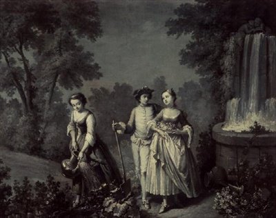 Dos niñas y un joven haciendo jardinería cerca de una fuente (b/n pluma y lavado) de François Boucher
