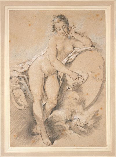 Venus de pie, señalando con un gesto un corazón situado en una diana con dos palomas de François Boucher