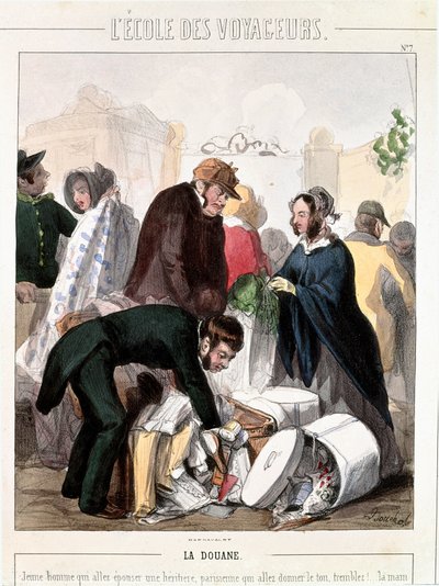 Aduanas. Control aduanero de la dote de una heredera que iba a casarse con un joven. Grabado en color de François Bouchot (1800-1842), circa 1830. París, Museo Carnavalet de Francois Bouchot