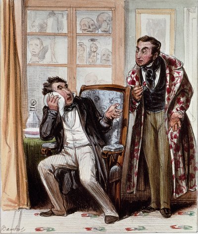 Dentista. Caricatura de un paciente con dolor de muelas consultando a un dentista. Grabado por Bouchot, circa 1830. París, Museo Carnavalet. de Francois Bouchot