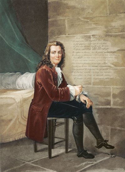 Voltaire encarcelado en la Bastilla escribiendo La Henriada en 1728 de Francois Bouchot