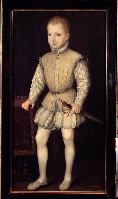 Retrato de Enrique IV de Navarra (1553-1610), niño a la edad de 4 años, durante su estancia en París con sus padres en 1557, entonces Príncipe de Navarra. Pintura de François Bunel II (circa 1552-antes de 1599). 1557. Dim. 1,25x0,64 m. Versalles, Castillos de Francois Bunel