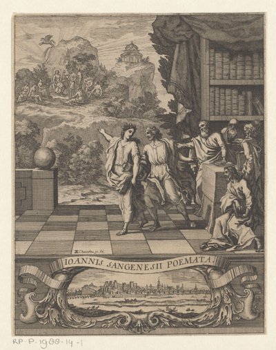 Una figura femenina alegórica señala a un joven en el Monte Parnaso
Portada de: Jean de Saint-Genies, Ioannis Sangenesii Poëmata, 1654 de Francois Chauveau