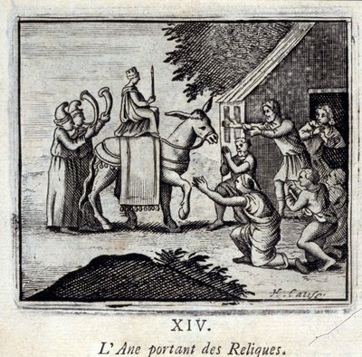 El burro cargando reliquias. Fábulas de Jean de La Fontaine (1621-95). Ilustración de François Chauveau (1613-1676). Edición de 1728. de Francois Chauveau