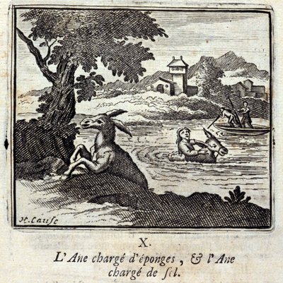 El burro cargado de esponjas y el burro cargado de sal. Fábulas de Jean de La Fontaine. Ilustración de François Chauveau. Edición de 1728. de Francois Chauveau