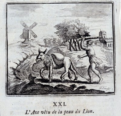 El burro con piel de león. Fábulas de Jean de La Fontaine. Ilustración de François Chauveau. Edición de 1728. de Francois Chauveau