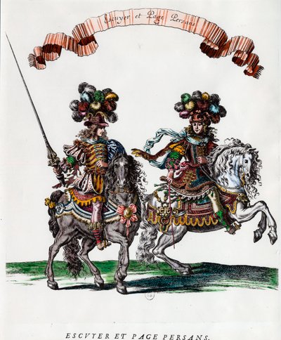 Escudero y paje persa durante el carrusel dado por el Rey Luis XIV (1639-1715) Grabado de François Chauveau (1613-1676) alrededor de 1662. Colección privada de Francois Chauveau