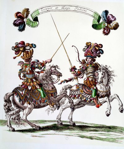 Jinete indio y paje durante el carrusel dado por el rey Luis XIV (1638-1715) en 1662 en las Tullerías para celebrar el nacimiento del Delfín. Grabado por François Chauveau (1613-1676) siglo XVII de Francois Chauveau