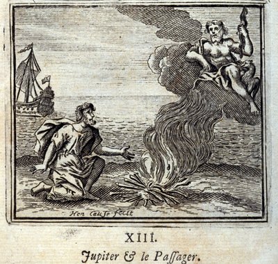 Júpiter y el pasajero. Fábulas de Jean de La Fontaine (1621-95). Ilustración de François Chauveau (1613-1676). Edición de 1728. de Francois Chauveau
