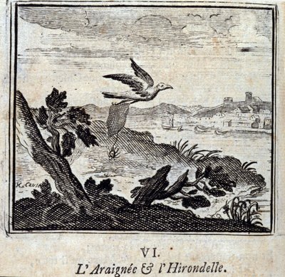 La araña y la golondrina. Fábulas de Jean de La Fontaine (1621-95). Ilustración de François Chauveau (1613-1676). Edición de 1728. de Francois Chauveau