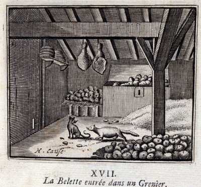 La comadreja entró en un granero. Fábulas de Jean de La Fontaine. Ilustración de François Chauveau. Edición de 1728. de Francois Chauveau