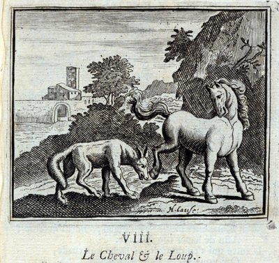 El caballo y el lobo. Fábulas de Jean de La Fontaine (1621-95). Ilustración de François Chauveau (1613-1676). Edición de 1728. de Francois Chauveau