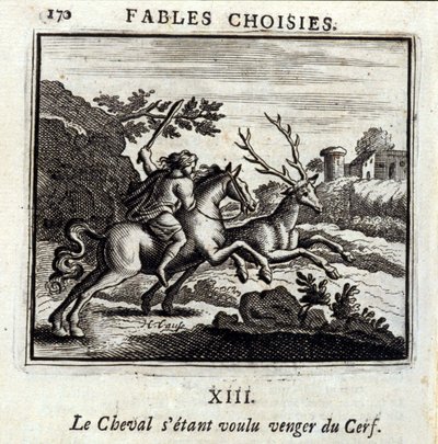 El caballo quería venganza por el ciervo. Fábulas de Jean de La Fontaine. Ilustración de François Chauveau. Edición de 1728. de Francois Chauveau