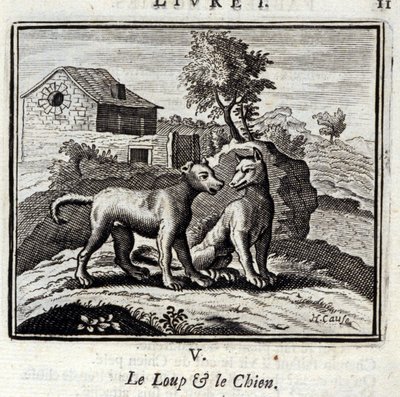 El lobo y el perro. Fábulas de Jean de La Fontaine (1621-95). Ilustración de François Chauveau (1613-1676). Edición de 1728 de Francois Chauveau