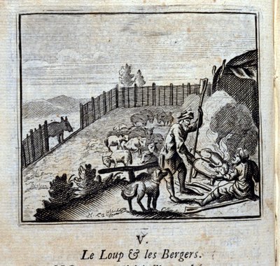 El lobo y los pastores. Fábulas de Jean de La Fontaine. Ilustración de François Chauveau. Edición de 1728. de Francois Chauveau
