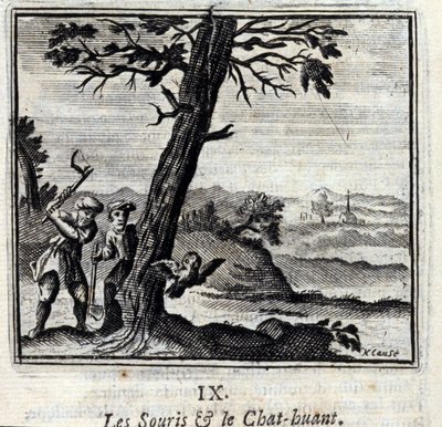 Los ratones y el búho. Fábulas de Jean de La Fontaine (1621-95). Ilustración de François Chauveau (1613-1676). Edición de 1728. de Francois Chauveau