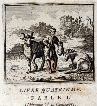 El hombre y la serpiente. Fábulas de Jean de La Fontaine (1621-95). Ilustración de François Chauveau (1613-1676). Edición de 1728 de Francois Chauveau