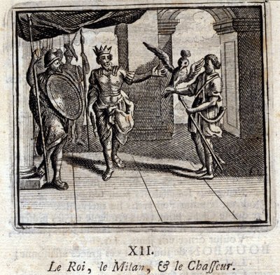Milán el rey y el cazador. Fábulas de Jean de La Fontaine (1621-95). Ilustración de François Chauveau (1613-1676). Edición de 1728 de Francois Chauveau