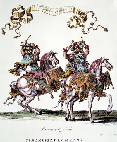 Timbaleros romanos durante el carrusel dado por el rey Luis XIV (1638-1715) en 1662. Grabado de François Chauveau (1613-1676) siglo XVII Colección privada de Francois Chauveau
