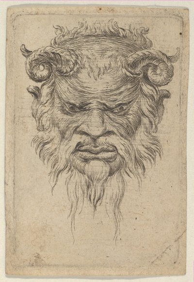 Máscara de sátiro con cuernos rizados mirando hacia abajo, de Divers Masques, ca. 1635-45. de Francois Chauveau
