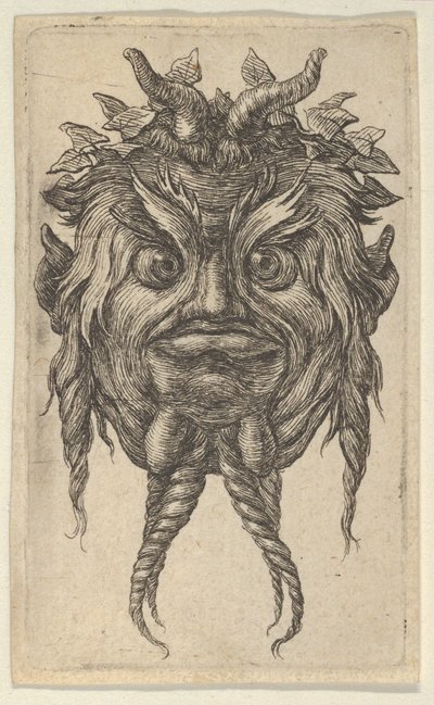 Máscara de sátiro con cuernos y barba torcida con una corona de hiedra, de Divers Masque..., ca. 1635-45 de Francois Chauveau