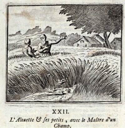 La alondra y sus crías con el dueño de un campo. Fábulas de Jean de La Fontaine (1621-95). Ilustración de François Chauveau (1613-1676). Edición de 1728. de Francois Chauveau