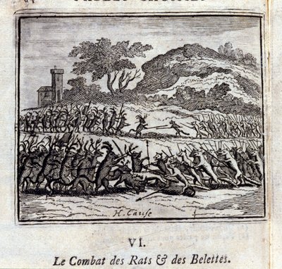 La batalla de las ratas y las comadrejas. Fábulas de Jean de La Fontaine (1621-95). Ilustración de François Chauveau (1613-1676). Edición de 1728. de Francois Chauveau