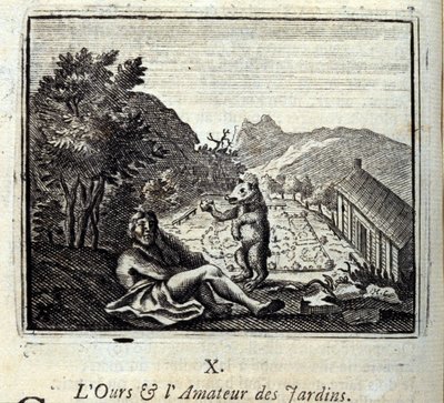 El oso y el aficionado al jardín. Fábulas de Jean de La Fontaine (1621-95). Ilustración de François Chauveau (1613-1676). Edición de 1728. de Francois Chauveau