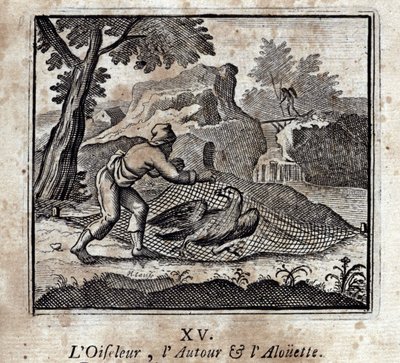 El pájaro alrededor y la alondra. Fábulas de Jean de La Fontaine (1621-95). Ilustración de François Chauveau (1613-1676). Edición de 1728 de Francois Chauveau