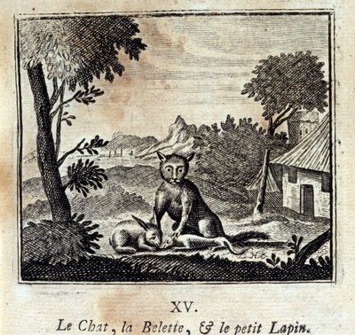 El gato, la comadreja y el conejito. Fábulas de Jean de La Fontaine (1621-95). Ilustración de François Chauveau (1613-1676). Edición de 1728 de Francois Chauveau