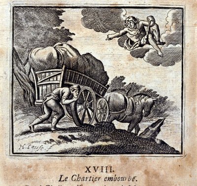 El carretero está molestando. Fábulas de Jean de La Fontaine (1621-95). Ilustración de François Chauveau (1613-1676). Edición de 1728 de Francois Chauveau