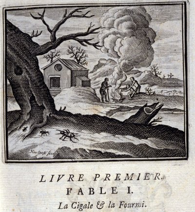 La cigarra y la hormiga. Fábulas de Jean de La Fontaine (1621-95). Ilustración de François Chauveau (1613-1676). Edición de 1728 de Francois Chauveau