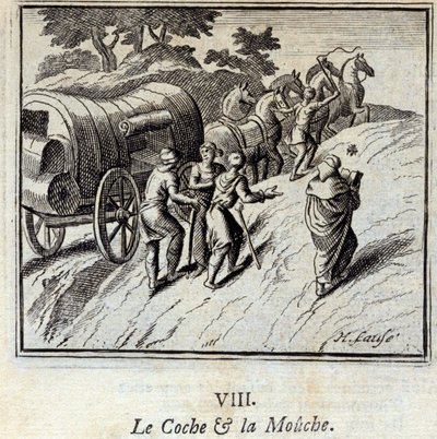 El coche y la mosca. Fábulas de Jean de La Fontaine (1621-95). Ilustración de François Chauveau (1613-1676). Edición de 1728 de Francois Chauveau