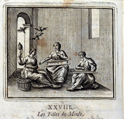 Las hijas de Minia. Fábulas de Jean de La Fontaine (1621-95). Ilustración de François Chauveau (1613-1676). Edición de 1728 de Francois Chauveau