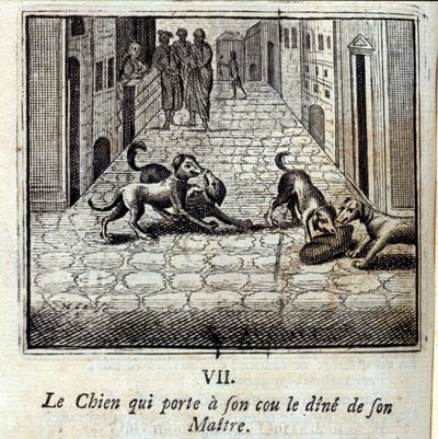 El perro que lleva la cena de su amo en el cuello. Fábulas de Jean de La Fontaine (1621-95). Ilustración de François Chauveau (1613-1676). Edición de 1728 de Francois Chauveau