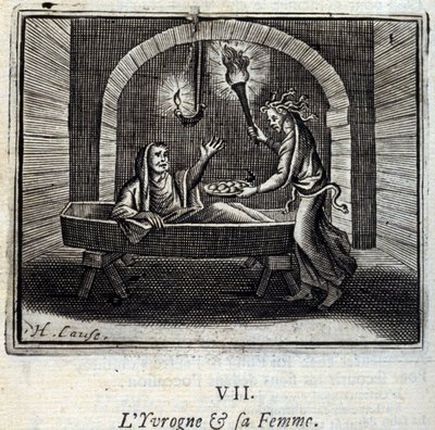 El borracho y su esposa. Fábulas de Jean de La Fontaine (1621-95). Ilustración de François Chauveau (1613-1676). Edición de 1728 de Francois Chauveau