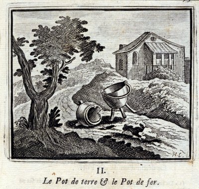 La olla de barro y la olla de hierro. Fábulas de Jean de La Fontaine. Ilustración de François Chauveau. Edición de 1728. de Francois Chauveau