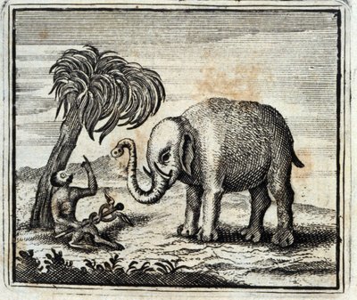 El elefante y el mono de Júpiter. Fábulas de Jean de La Fontaine (1621-95). Ilustración de François Chauveau (1613-1676). Edición de 1728 de Francois Chauveau