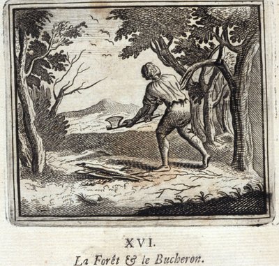 El bosque y el leñador. Fábulas de Jean de La Fontaine (1621-95). Ilustración de François Chauveau (1613-1676). Edición de 1728 de Francois Chauveau