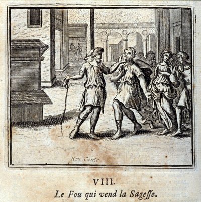 El tonto que vende sabiduría. Fábulas de Jean de La Fontaine (1621-95). Ilustración de François Chauveau (1613-1676). Edición de 1728. de Francois Chauveau
