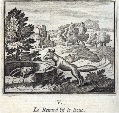El zorro y el macho cabrío. Fábulas de Jean de La Fontaine (1621-95). Ilustración por François Chauveau (1613-1676). Edición de 1728. de Francois Chauveau