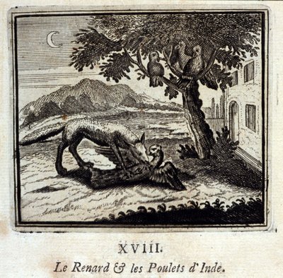 El zorro y las gallinas de la India. Fábulas de Jean de La Fontaine. Ilustración de François Chauveau. Edición de 1728. de Francois Chauveau