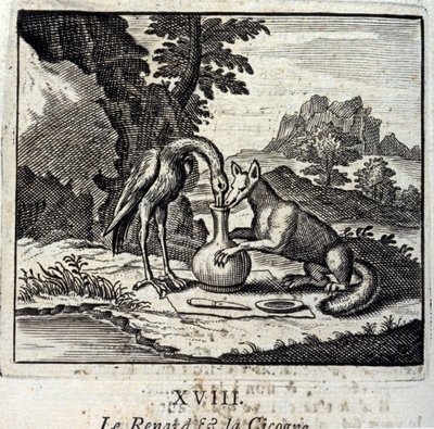 El zorro y la cigüeña. Fábulas de Jean de La Fontaine (1621-95). Ilustración de François Chauveau (1613-1676). Edición de 1728 de Francois Chauveau