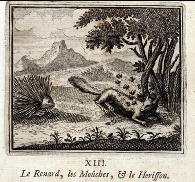 El zorro, las moscas y el erizo. Fábulas de Jean de La Fontaine (1621-95). Ilustración de François Chauveau (1613-1676). Edición de 1728 de Francois Chauveau
