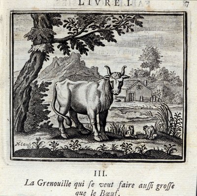 La rana que quiere ser tan grande como el buey. Fábulas de Jean de La Fontaine (1621-95). Ilustración de François Chauveau (1613-1676). Edición de 1728. de Francois Chauveau